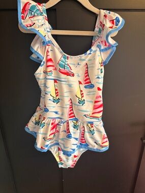 Girls Sailboat Ruffle One-Piece Swimsuit - White with Multicolor Sails